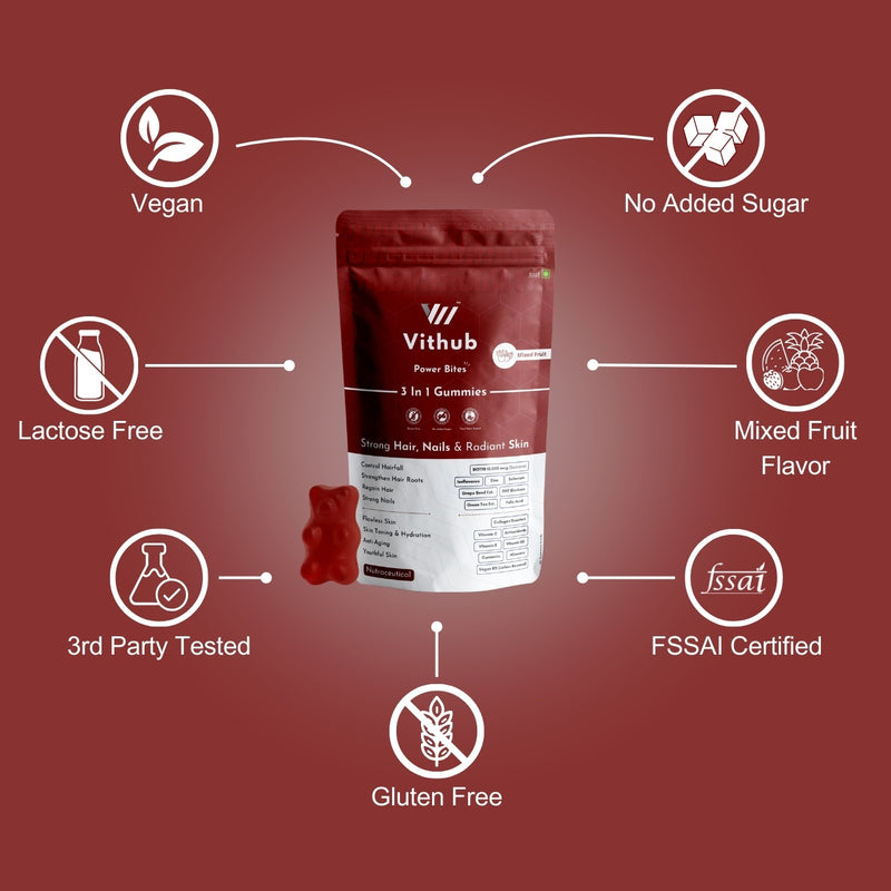 Close-up of colourful fruit-flavoured gummies for hair skin nails support