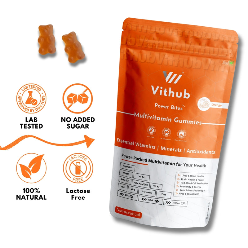 Close-up of Vithub Multivitamin Gummies with fruit-flavored chewy pieces