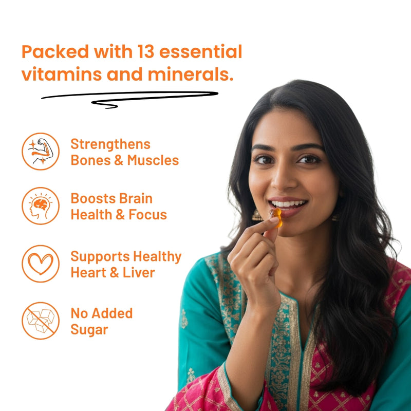 Vithub Multivitamin Gummies pack lying on table with nutrition benefits listed