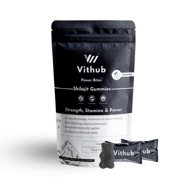 Vithub Shilajit Gummies bottle with orange label and 30-day pack