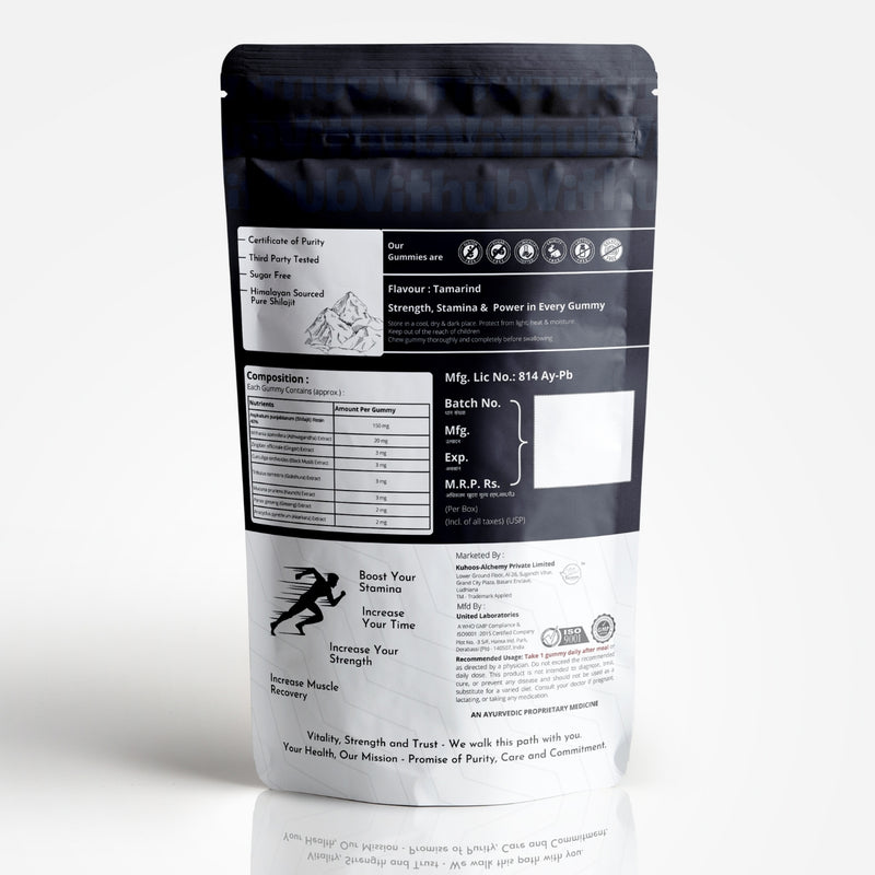 Vithub Shilajit Gummies packaging next to Himalayan Shilajit resin and herbs